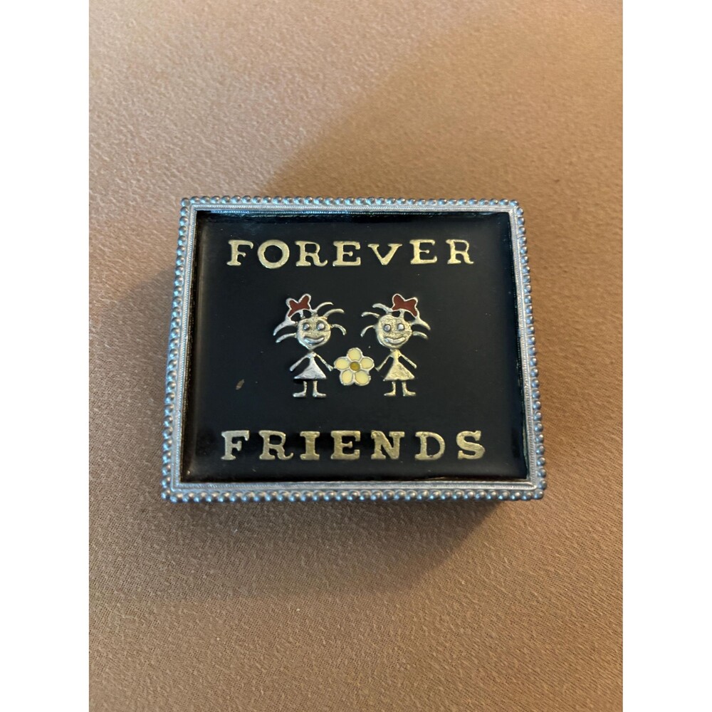 Pewter Trinket Box with Enamel Forever Friends Lid and Ornamental Sides